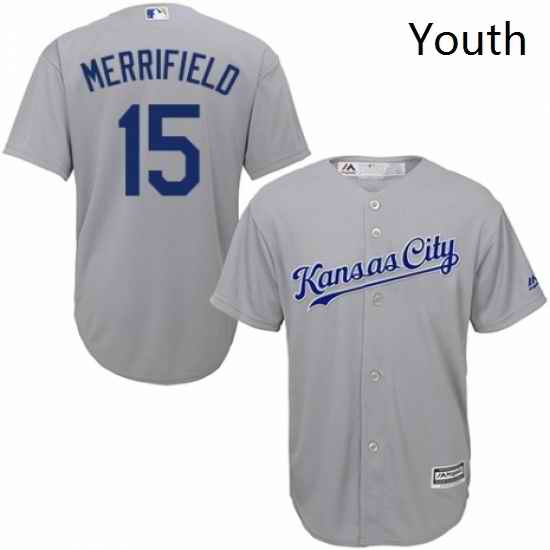 Youth Majestic Kansas City Royals 15 Whit Merrifield Replica Grey Road Cool Base MLB Jersey